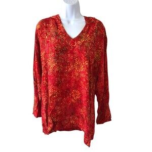 Soft Surroundings Orange Floral batik hooded Tunic Top Size M Boho oversized